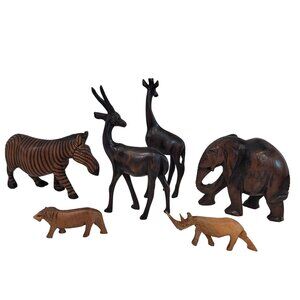 1970s Wooden hand carved and painted Animals Collection- Set of 6 zebra antelope